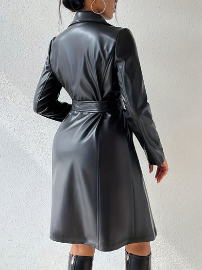 PU Leather Belted Trench Coat