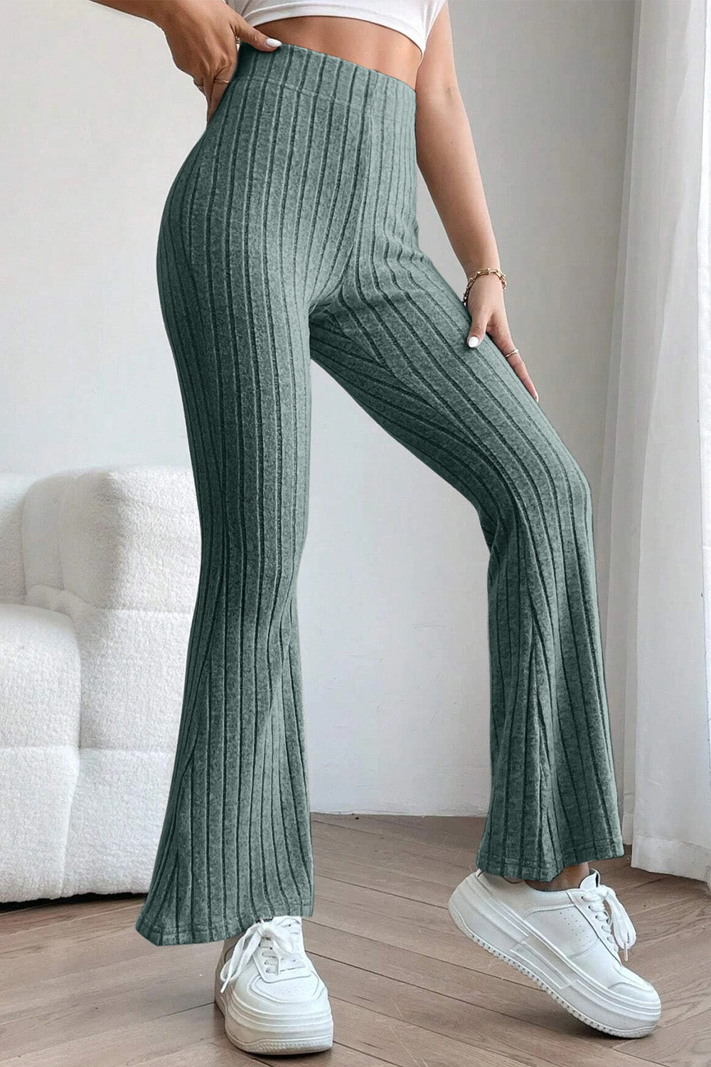 Ribbed High-Waist Flare Pants