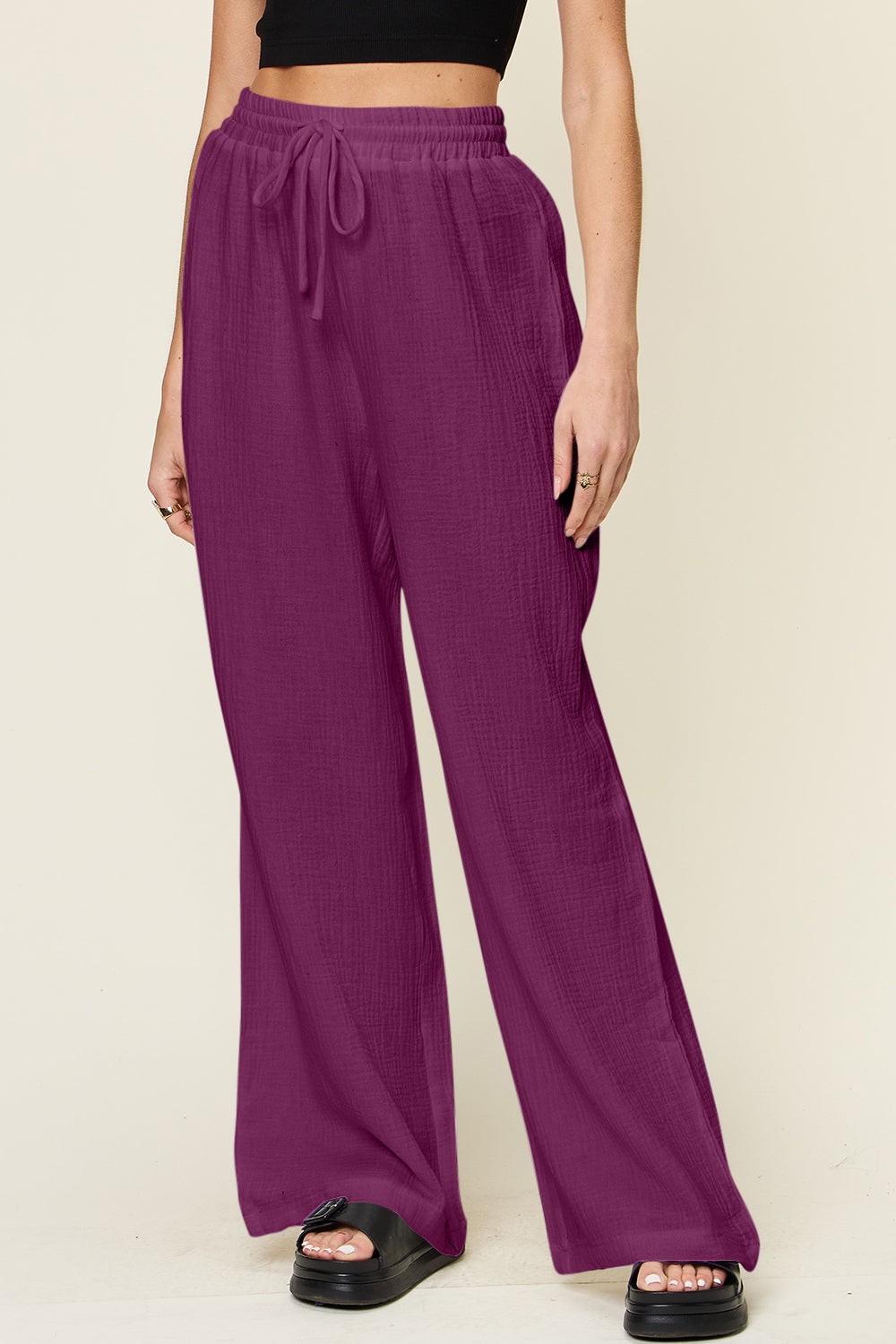 Texture Drawstring Wide-Leg Pants