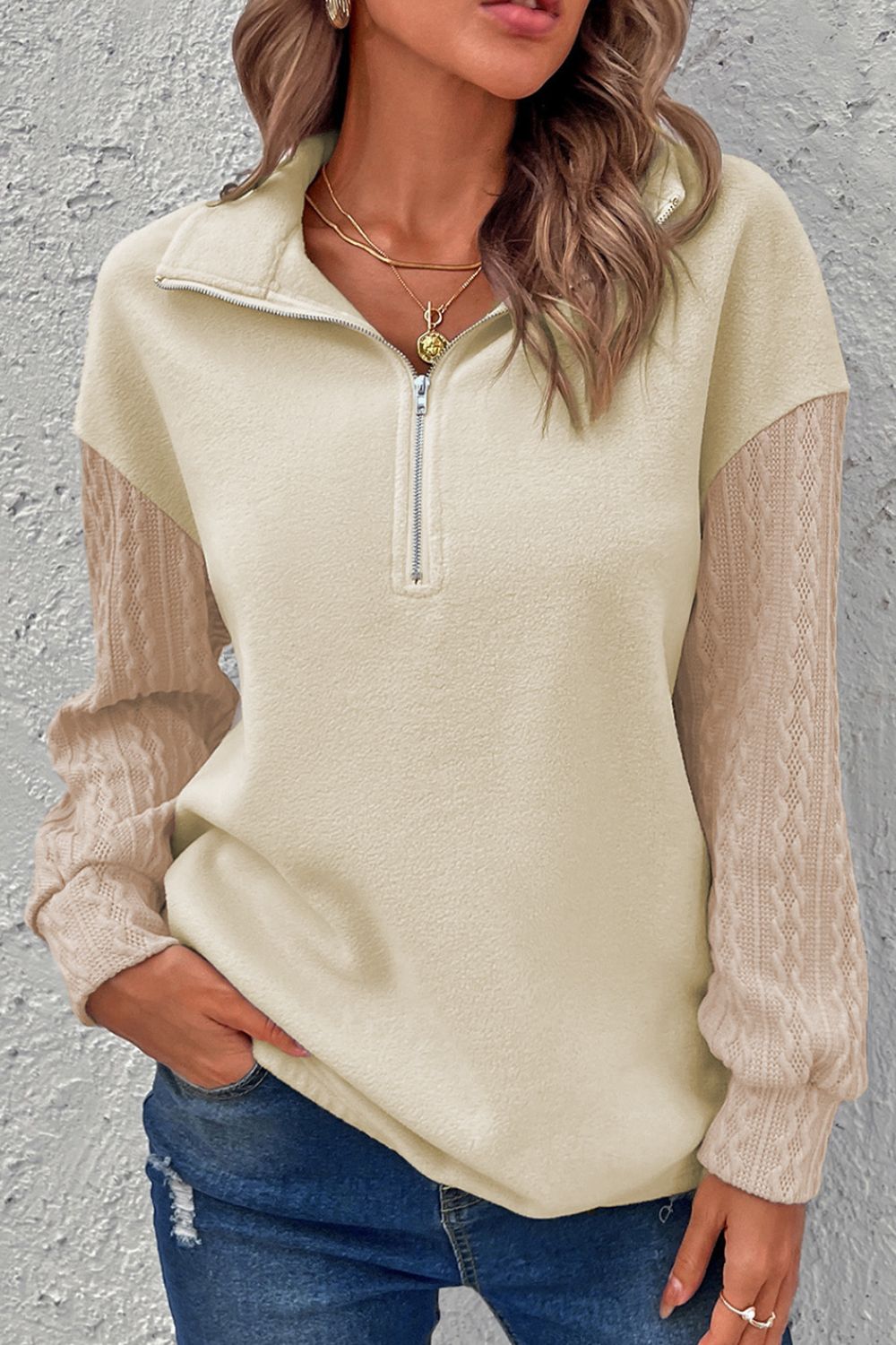 Half-Zip Textured Patchwork Sweatshirt