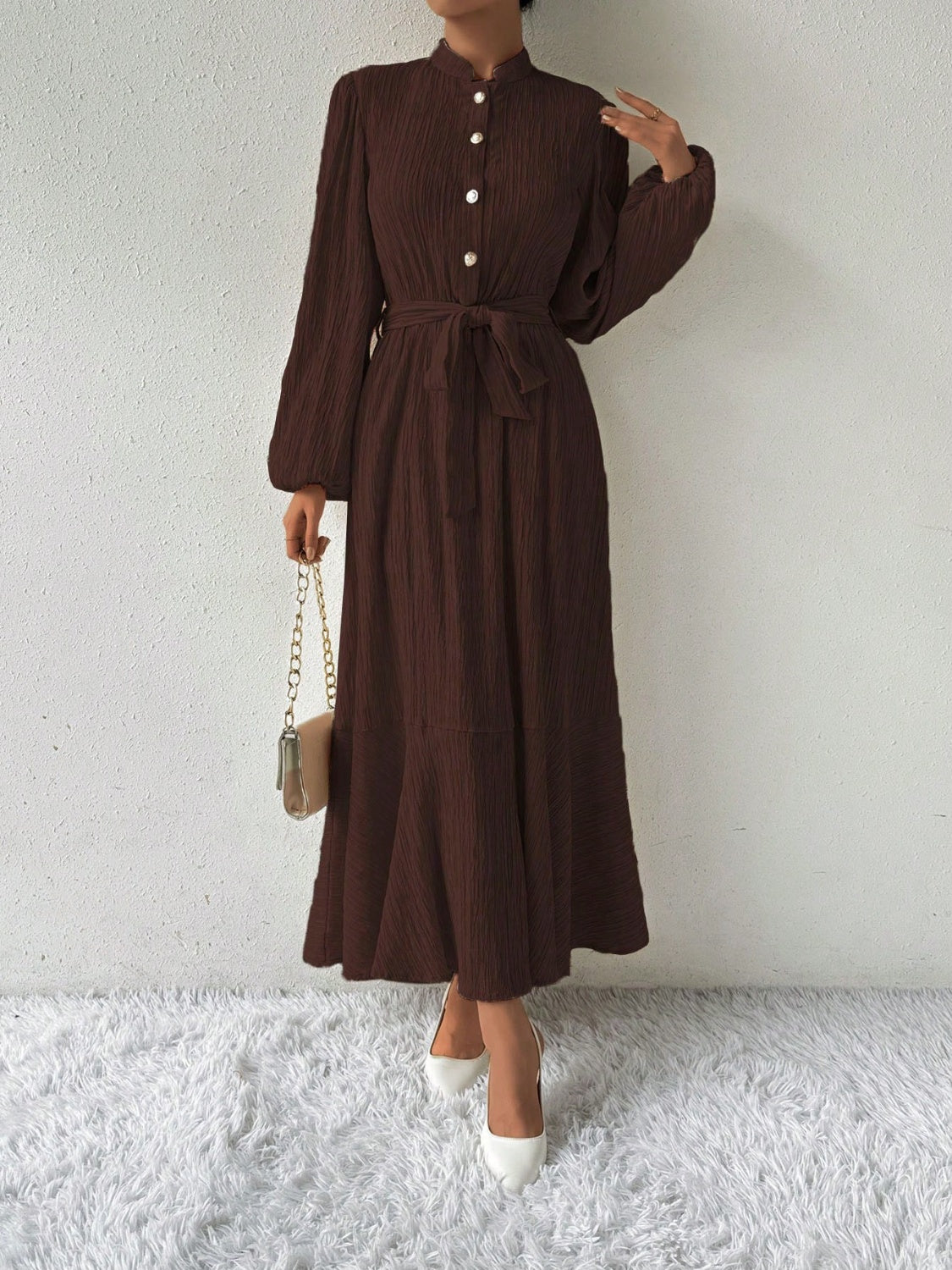 Tie Waist Button-Up Maxi Dress