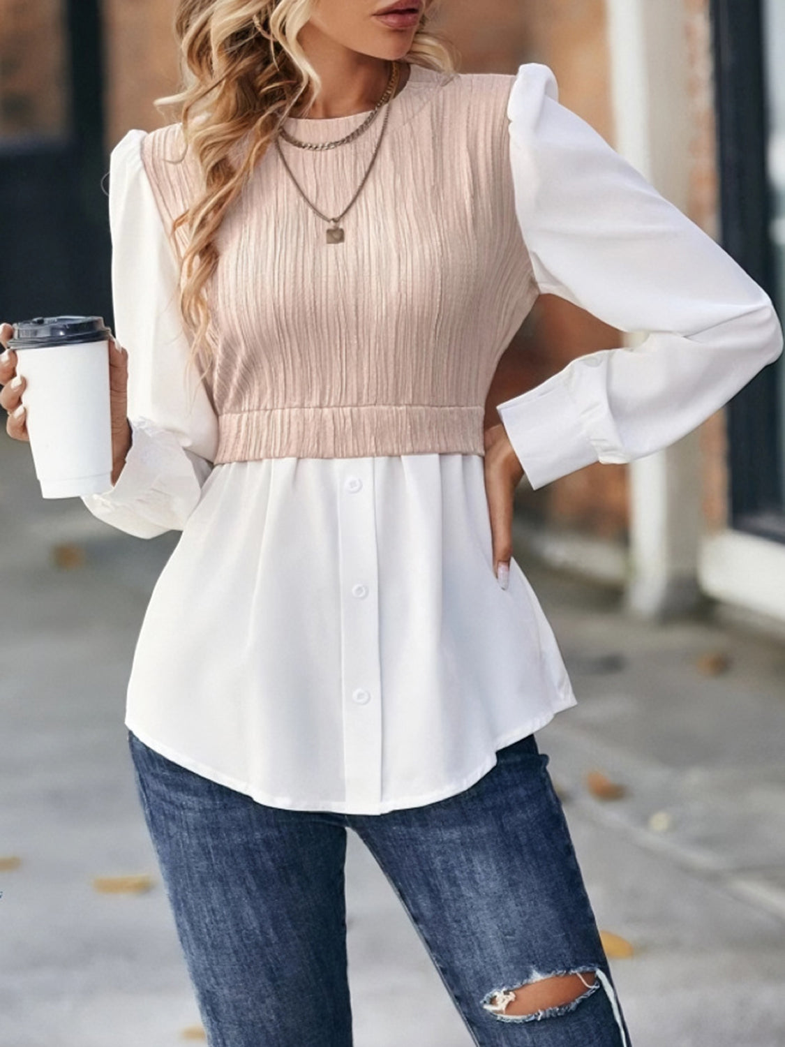 Contrast Puff Sleeve Blouse