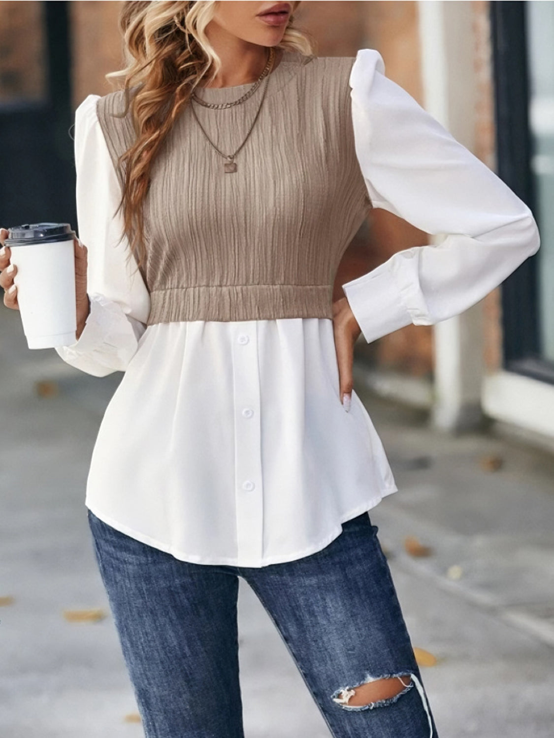 Contrast Puff Sleeve Blouse