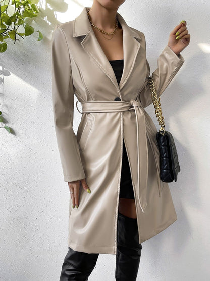 PU Leather Belted Trench Coat