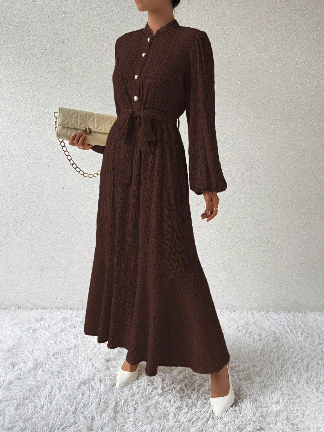 Tie Waist Button-Up Maxi Dress