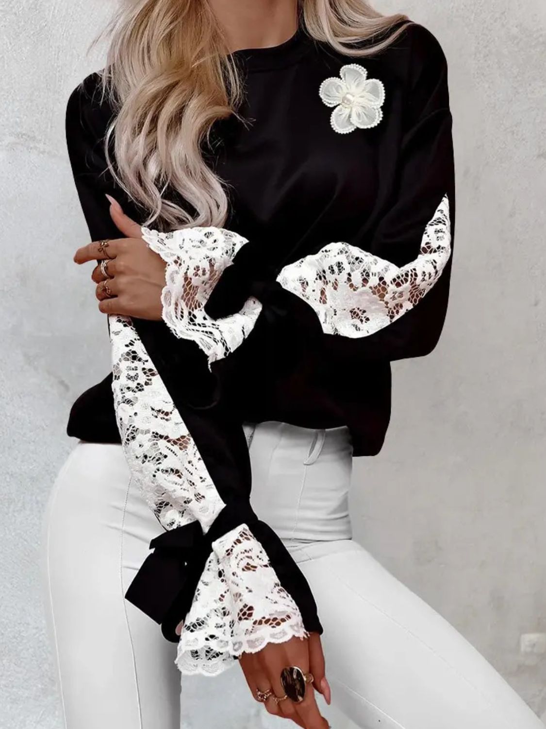 Lace Detail Tied Cuff Sweatshirt