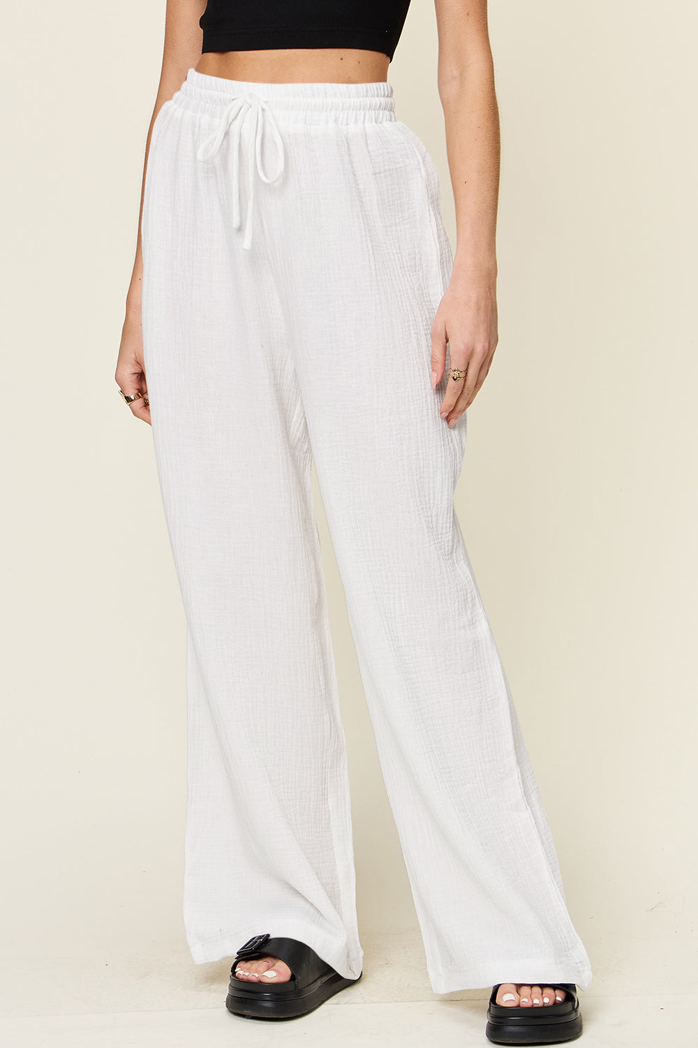 Texture Drawstring Wide-Leg Pants