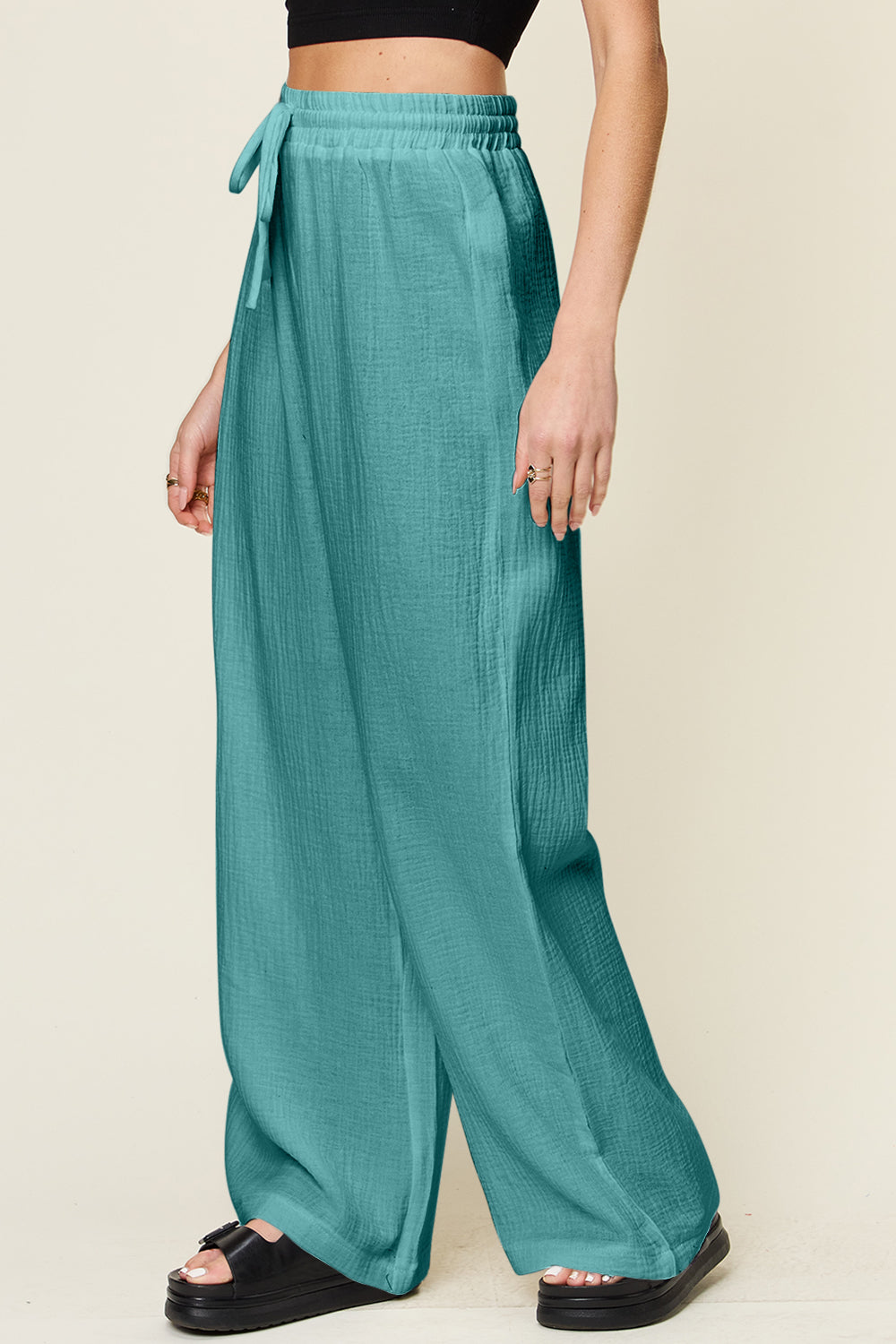 Texture Drawstring Wide-Leg Pants