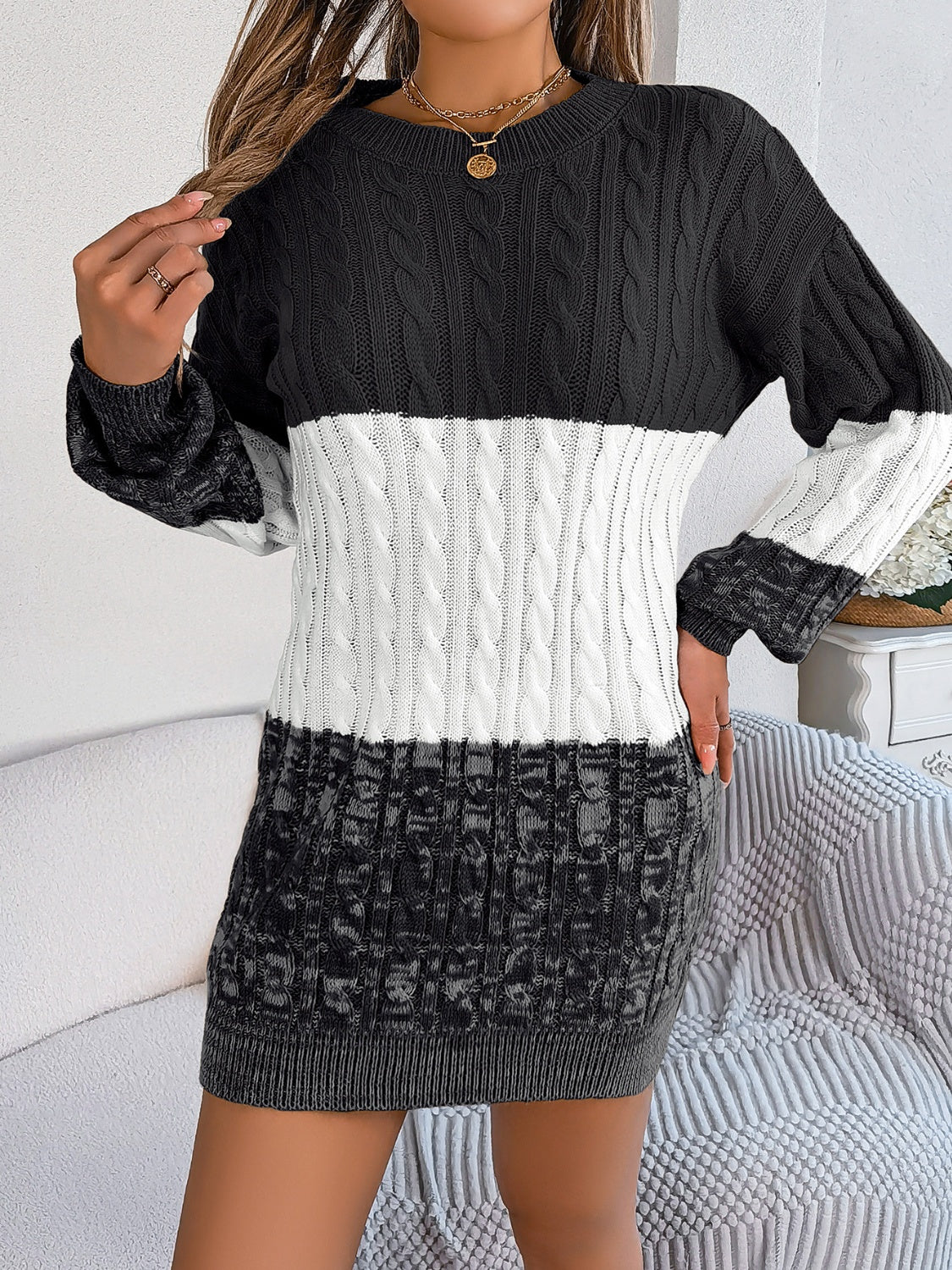 Color Block Cable-Knit Sweater Dress