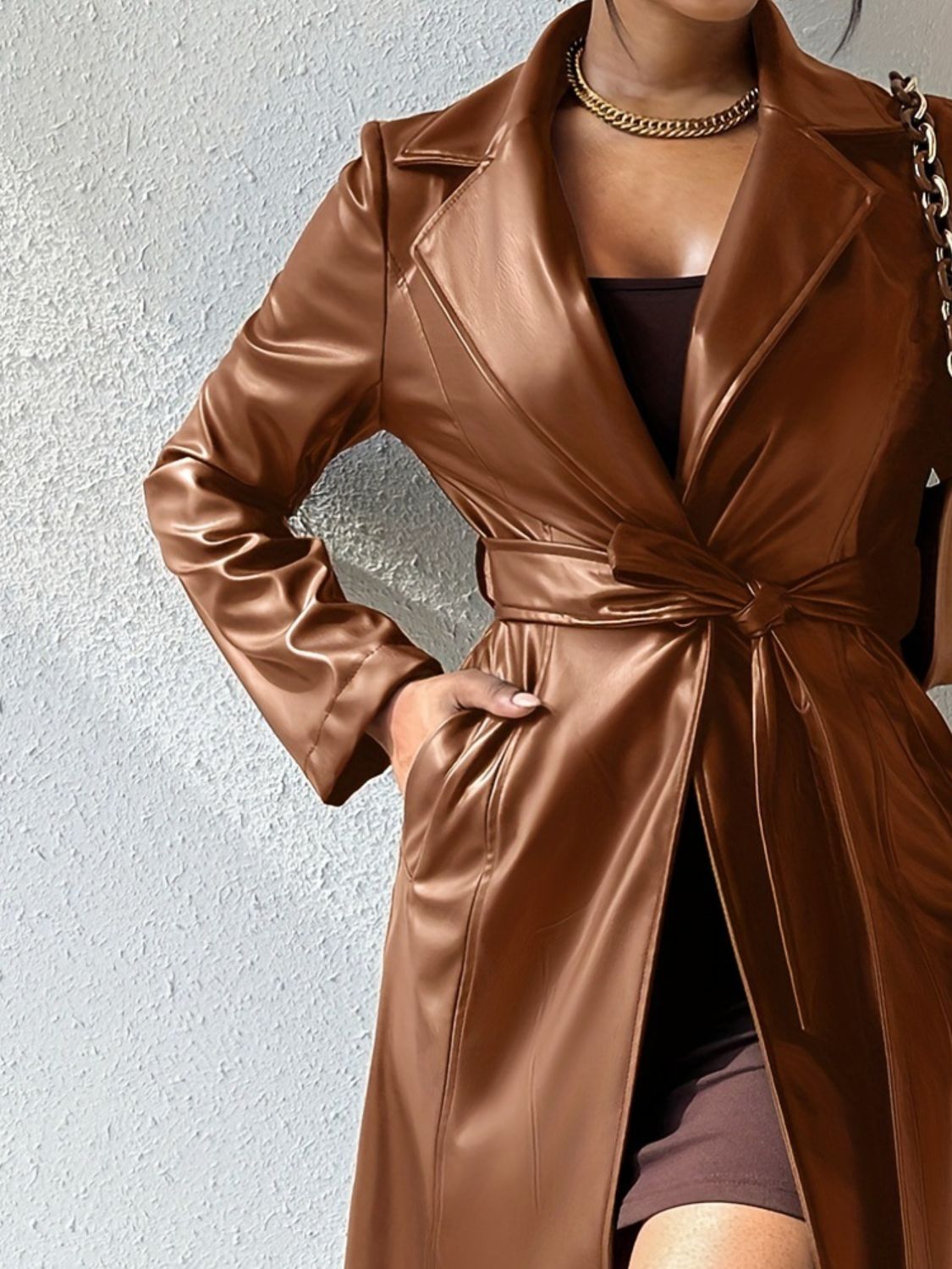 PU Leather Belted Trench Coat