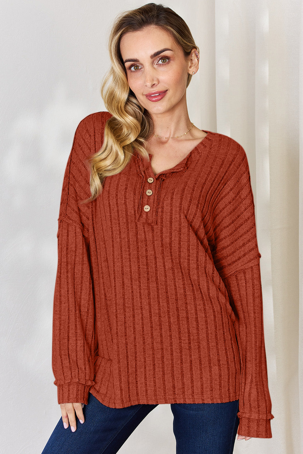 Ribbed Half-Button T-Shirt