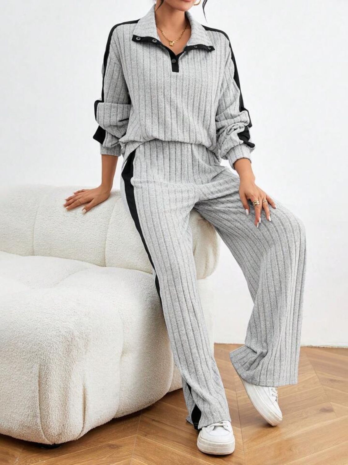 Contrast Collar Top & Pants Set