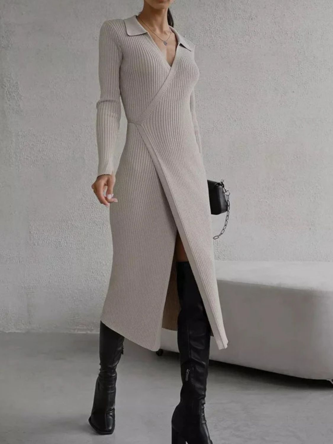 Tied Collared Neck Sweater Dress