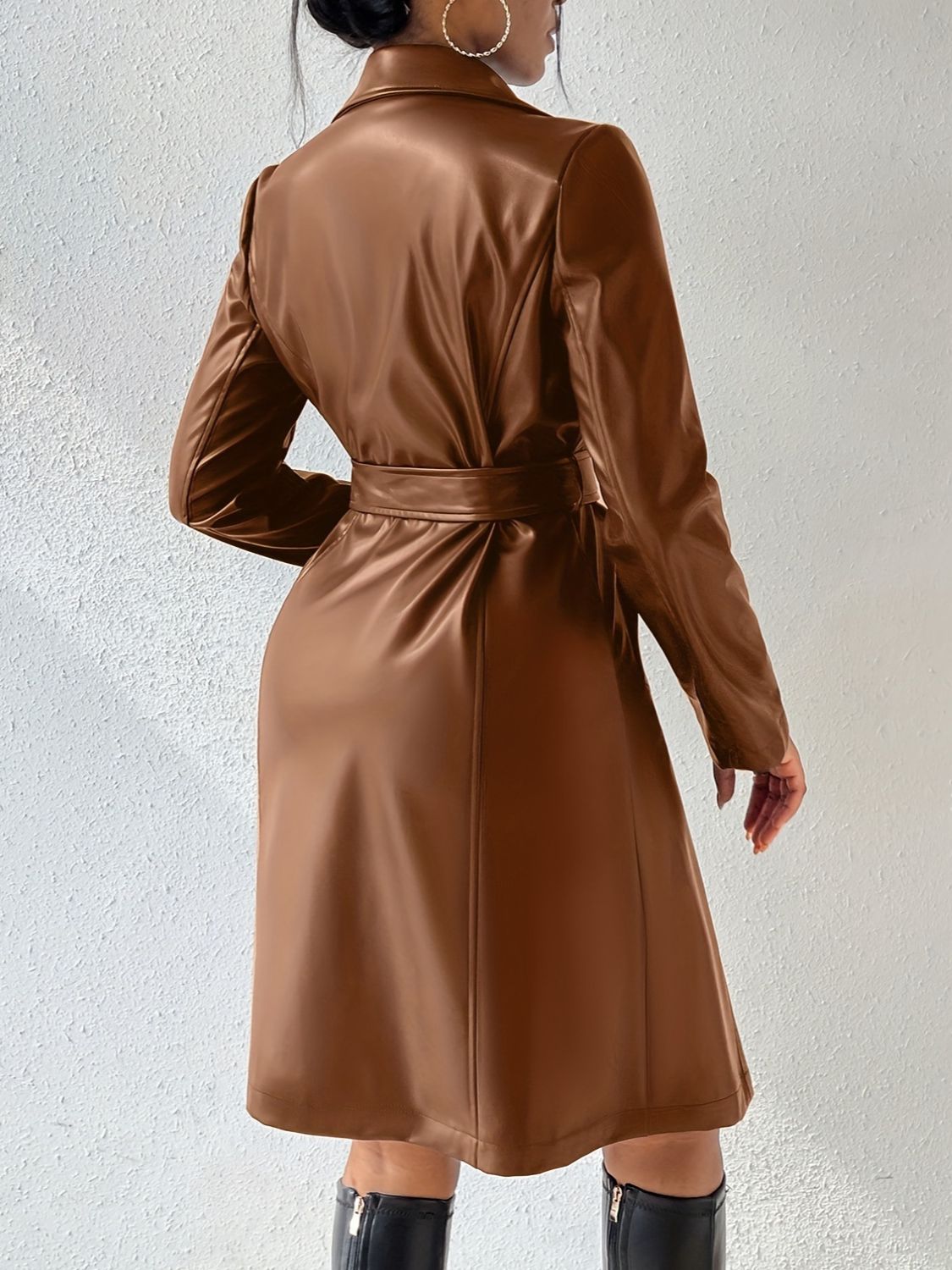 PU Leather Belted Trench Coat