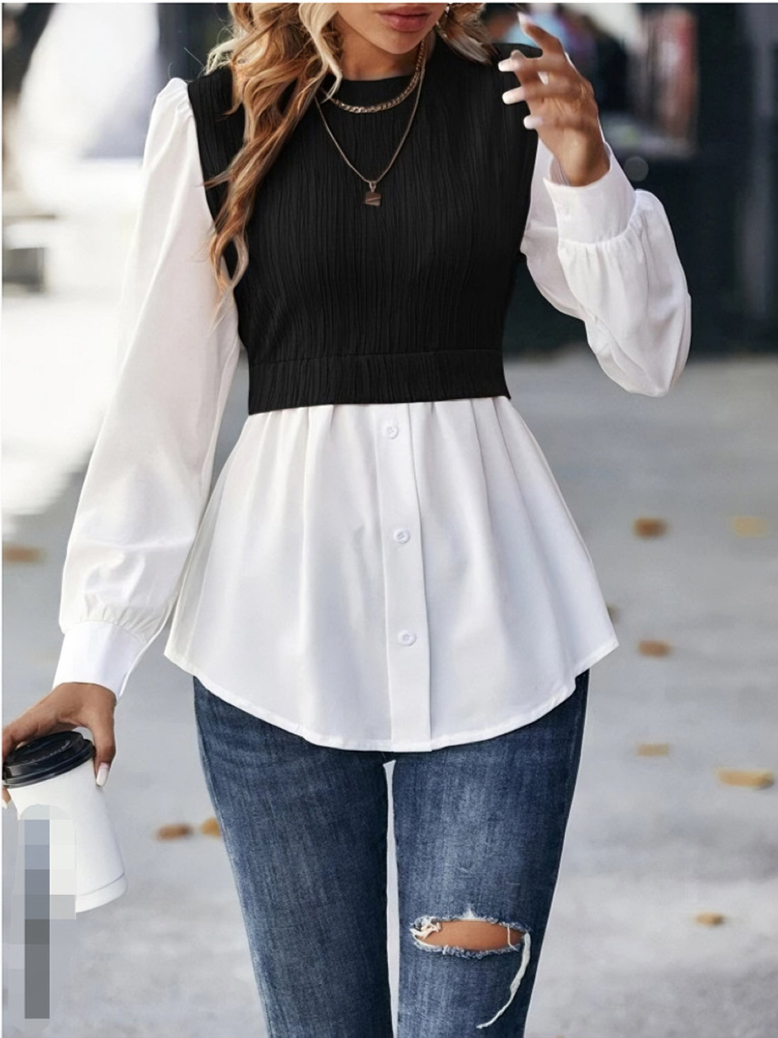 Contrast Puff Sleeve Blouse