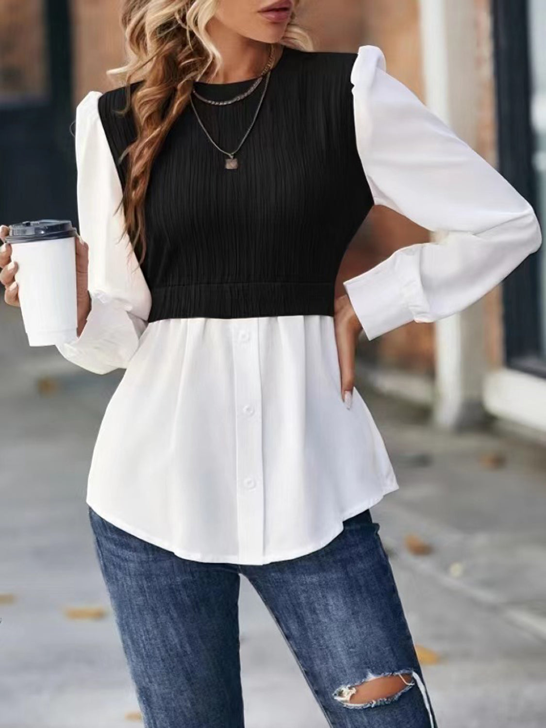 Contrast Puff Sleeve Blouse