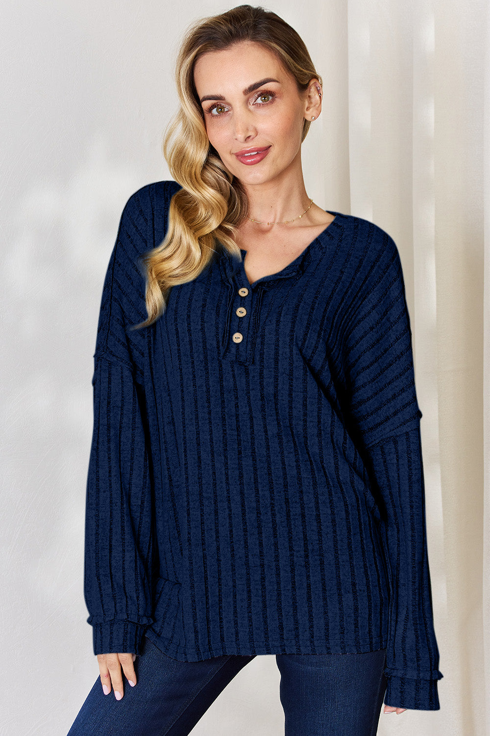 Ribbed Half-Button T-Shirt