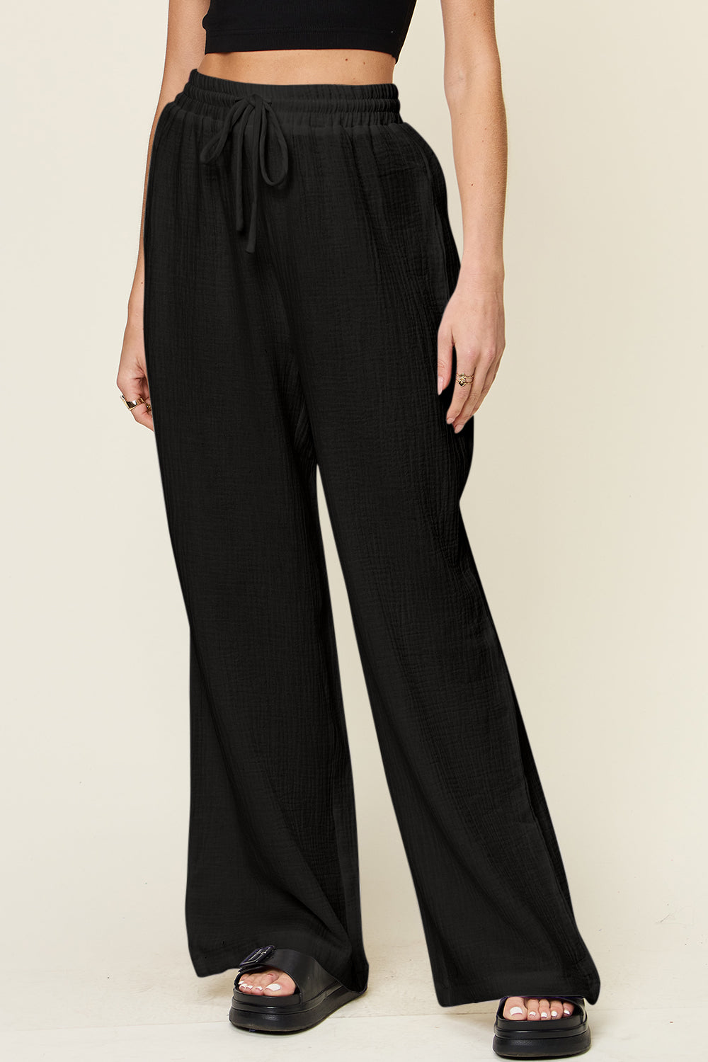 Texture Drawstring Wide-Leg Pants