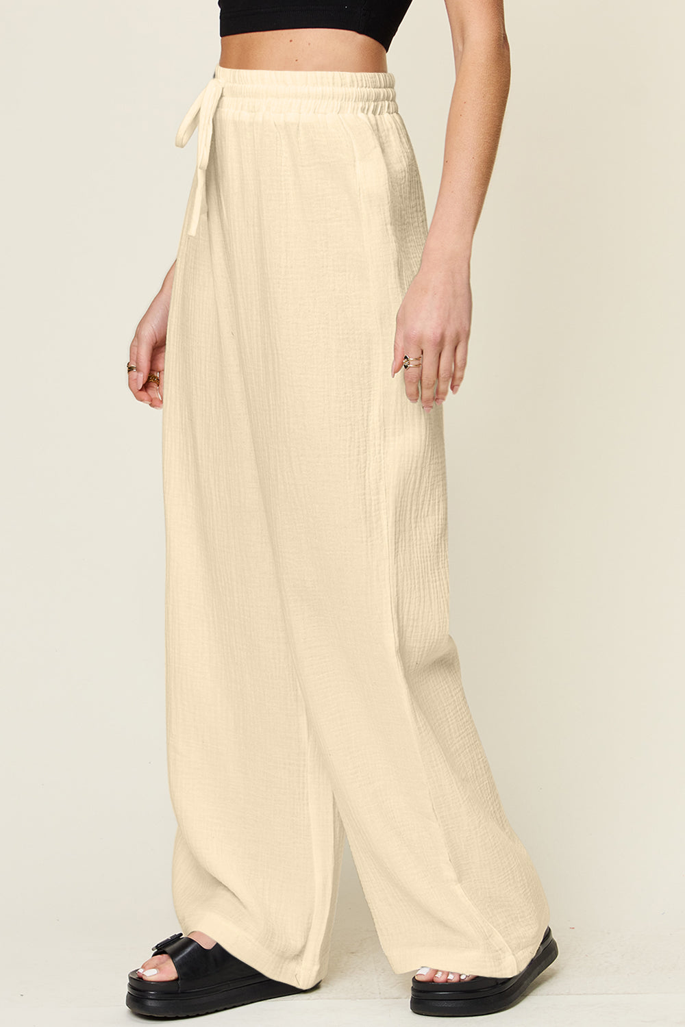 Texture Drawstring Wide-Leg Pants