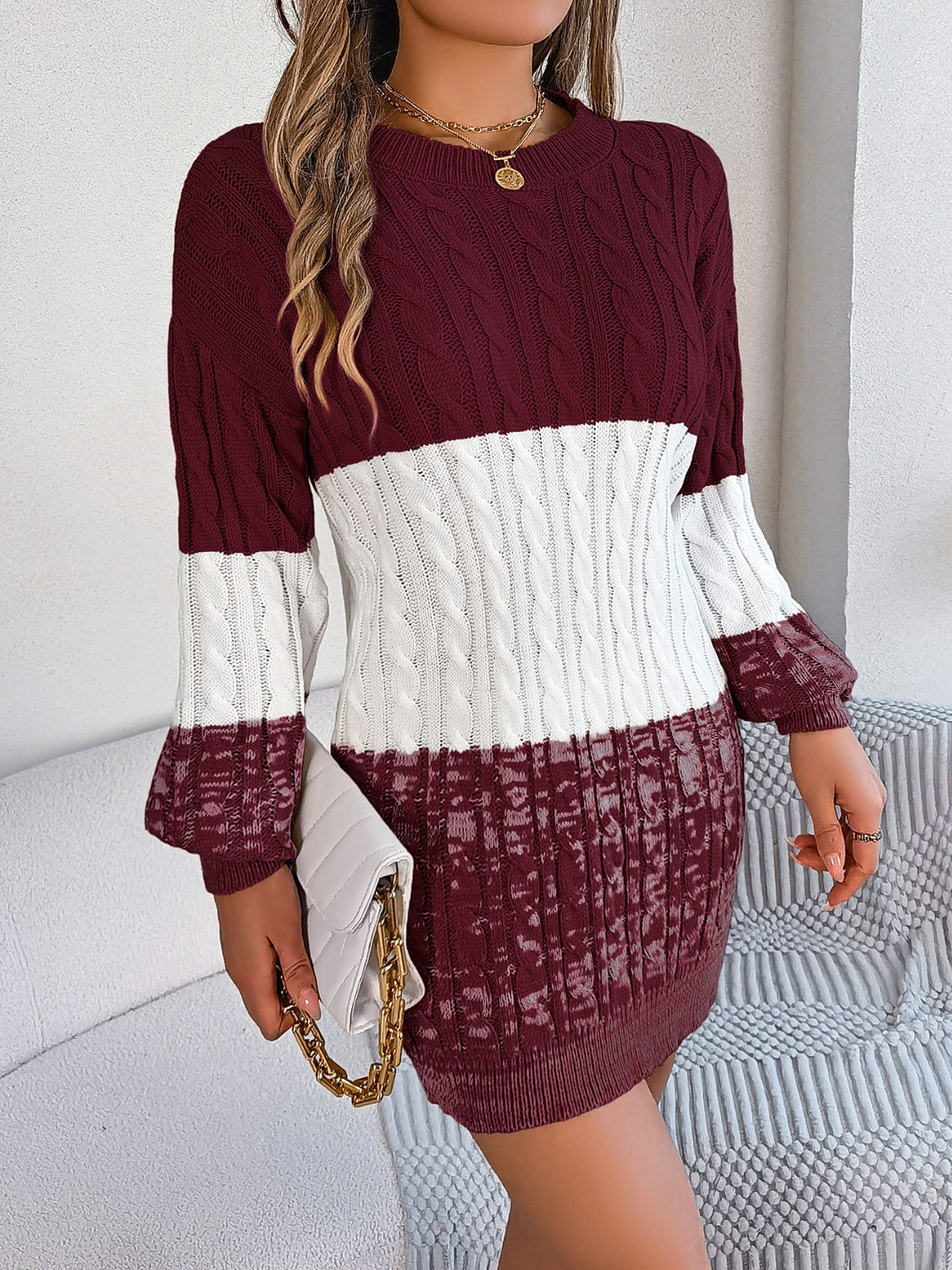 Color Block Cable-Knit Sweater Dress