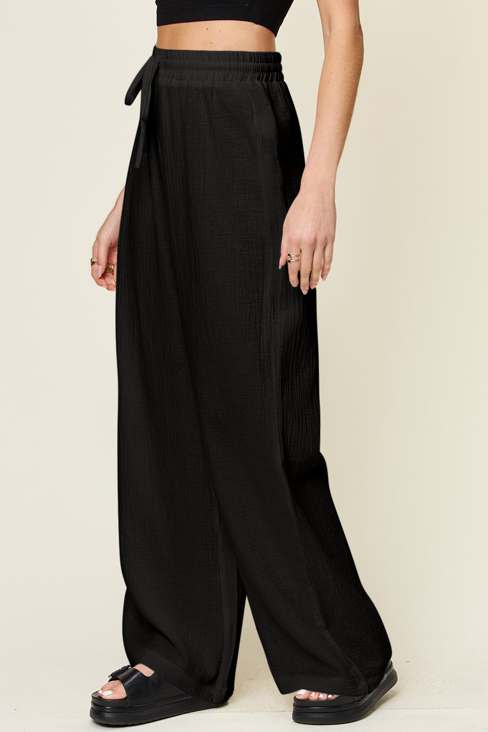 Texture Drawstring Wide-Leg Pants