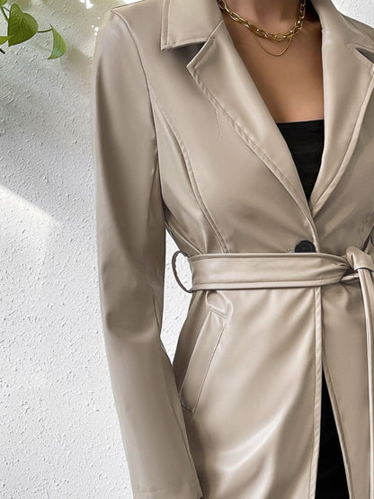 PU Leather Belted Trench Coat