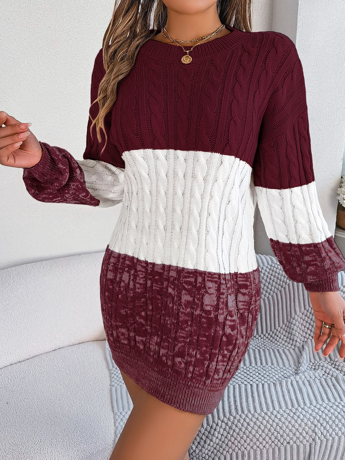 Color Block Cable-Knit Sweater Dress