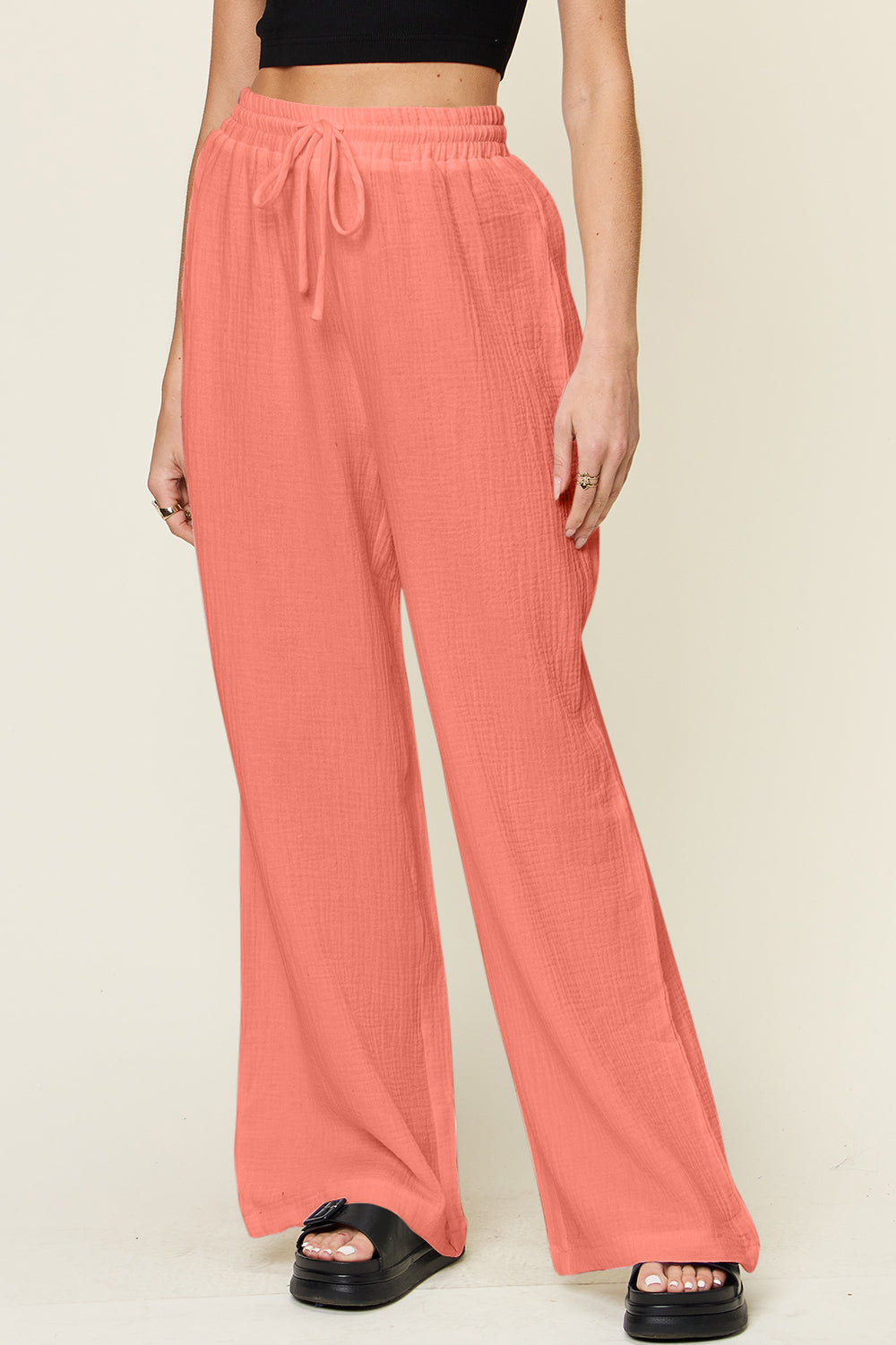 Texture Drawstring Wide-Leg Pants