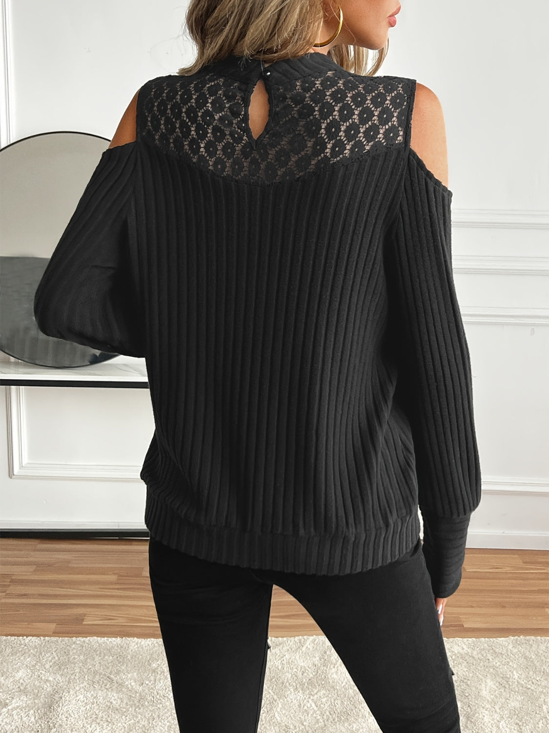 Lace Mock Neck Cold-Shoulder Top