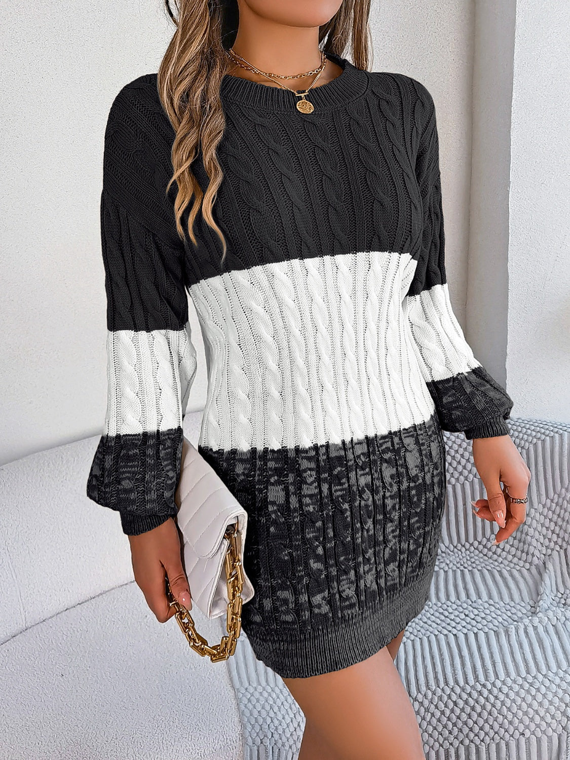 Color Block Cable-Knit Sweater Dress