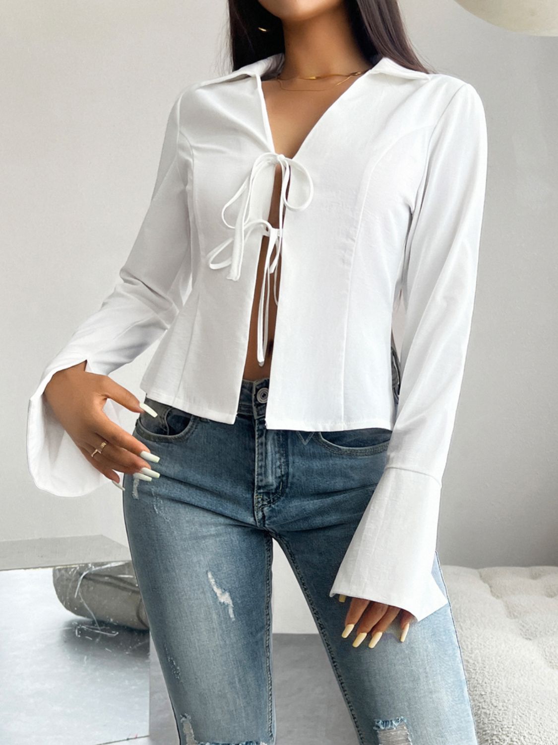 Slit Tied Collared Blouse