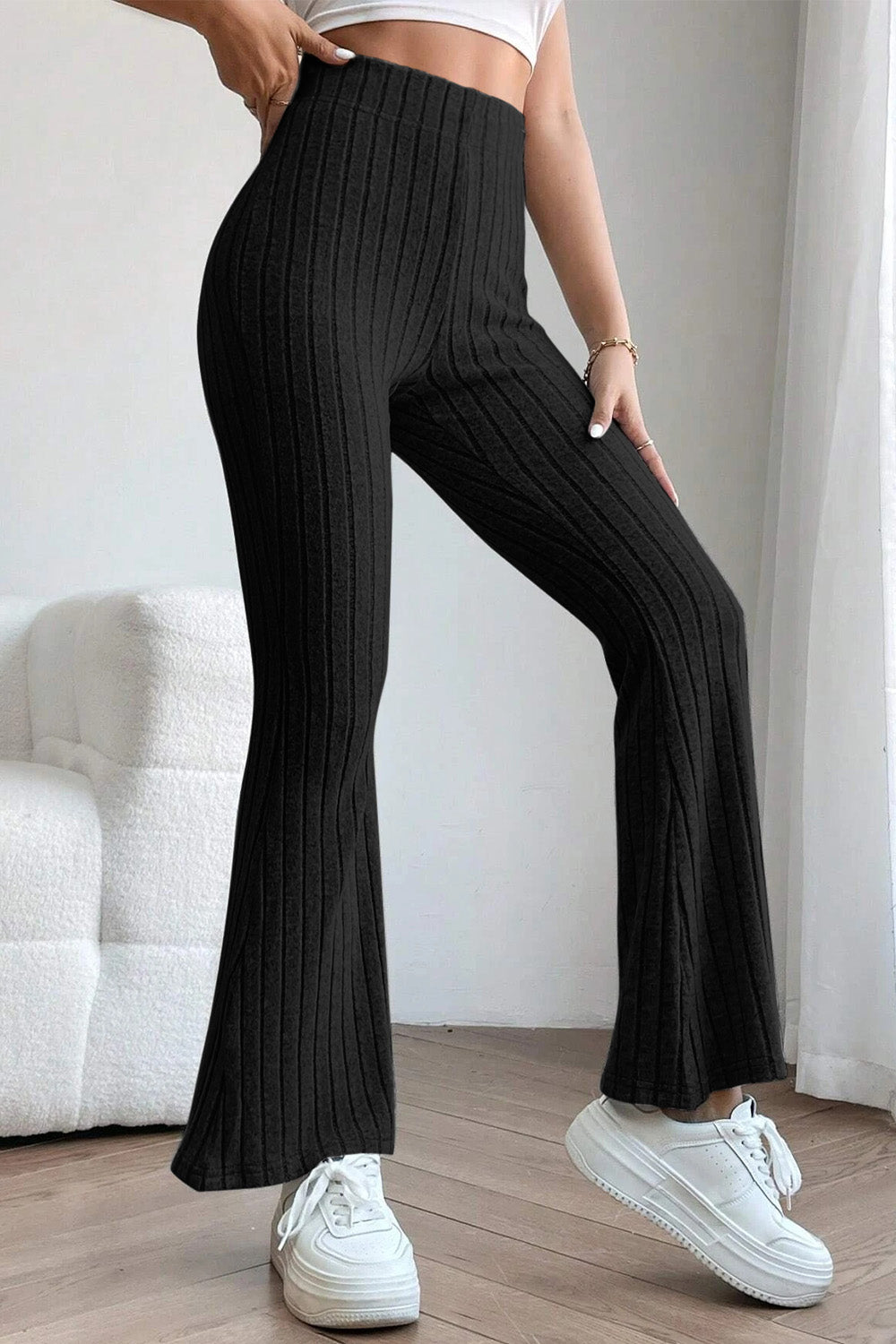 Ribbed High-Waist Flare Pants