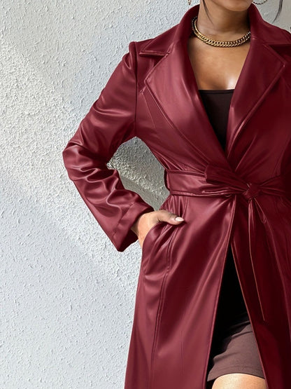 PU Leather Belted Trench Coat