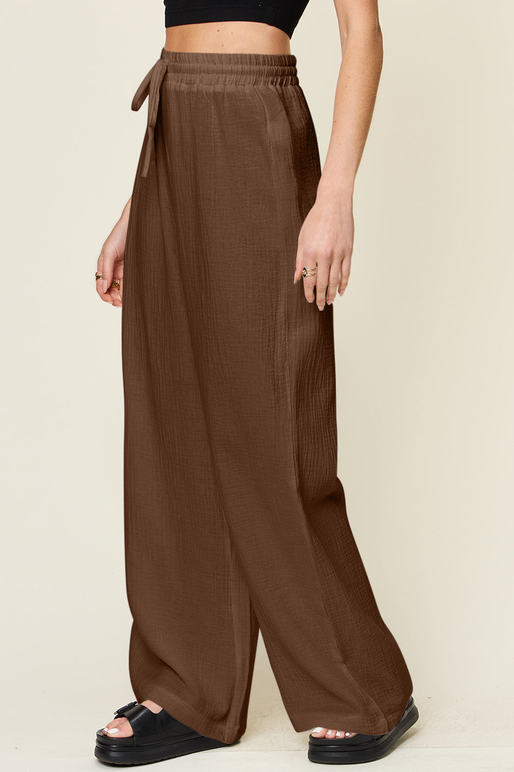 Texture Drawstring Wide-Leg Pants