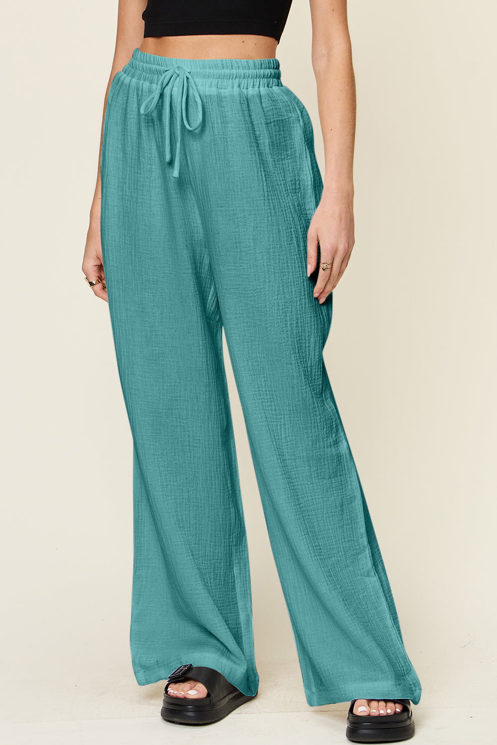 Texture Drawstring Wide-Leg Pants