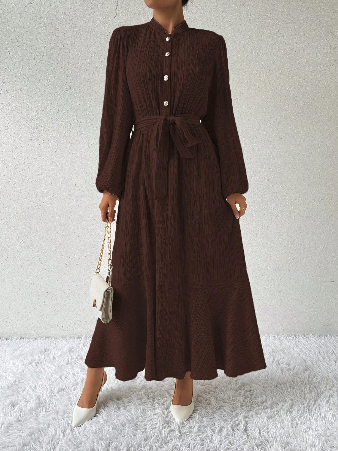 Tie Waist Button-Up Maxi Dress