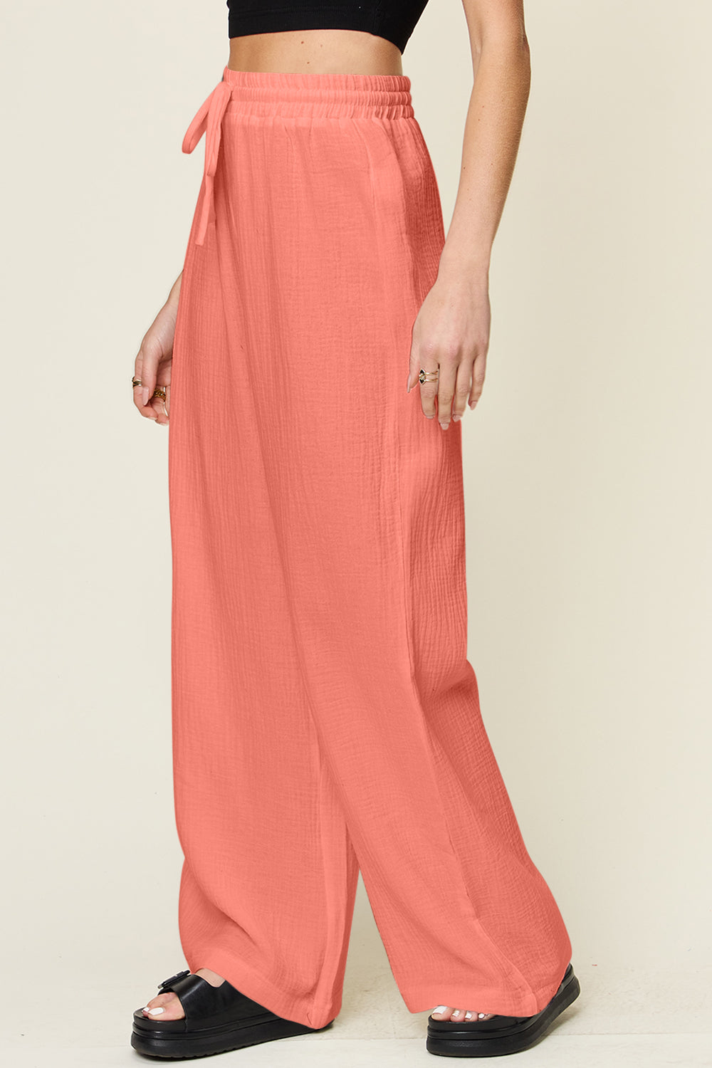 Texture Drawstring Wide-Leg Pants