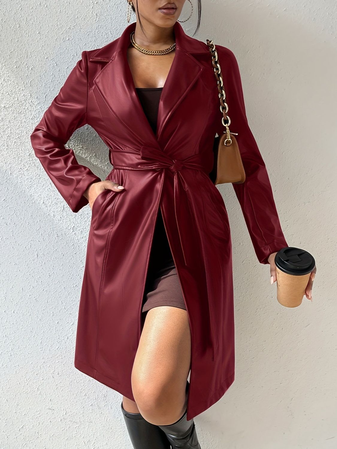 PU Leather Belted Trench Coat